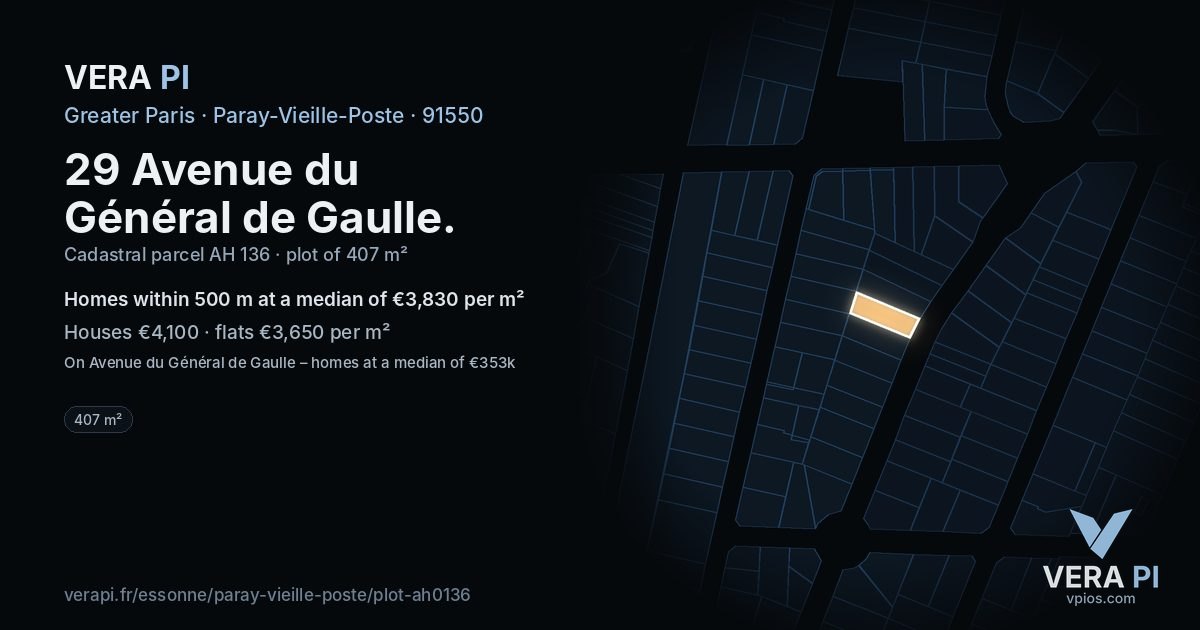 29 Avenue du Général de Gaulle, Paray-Vieille-Poste at night – the plot lit, the parcels around coloured by the prices near them