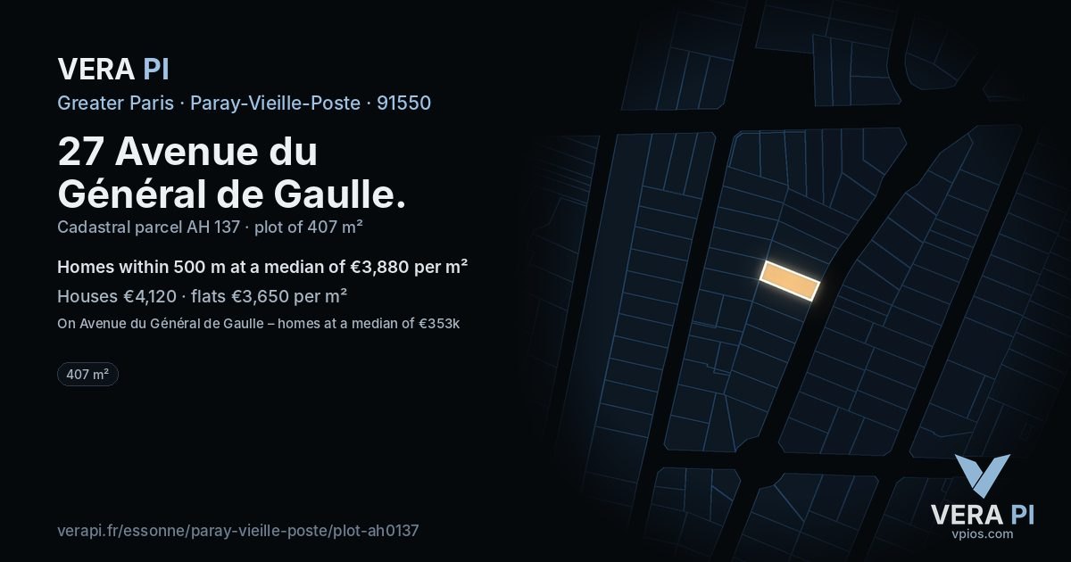 27 Avenue du Général de Gaulle, Paray-Vieille-Poste at night – the plot lit, the parcels around coloured by the prices near them