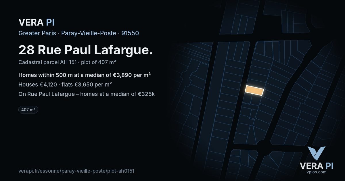 28 Rue Paul Lafargue, Paray-Vieille-Poste at night – the plot lit, the parcels around coloured by the prices near them