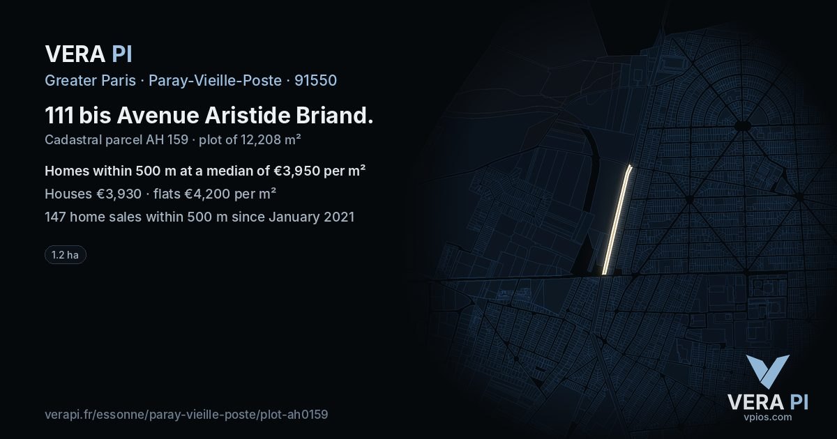 111 bis Avenue Aristide Briand, Paray-Vieille-Poste at night – the plot lit, the parcels around coloured by the prices near them