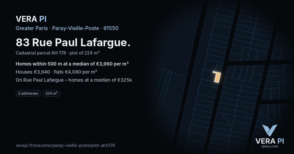 83 Rue Paul Lafargue, Paray-Vieille-Poste at night – the plot lit, the parcels around coloured by the prices near them