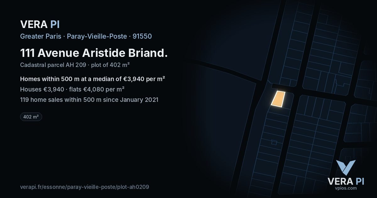 111 Avenue Aristide Briand, Paray-Vieille-Poste at night – the plot lit, the parcels around coloured by the prices near them