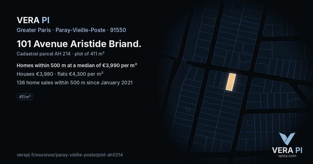 101 Avenue Aristide Briand, Paray-Vieille-Poste at night – the plot lit, the parcels around coloured by the prices near them