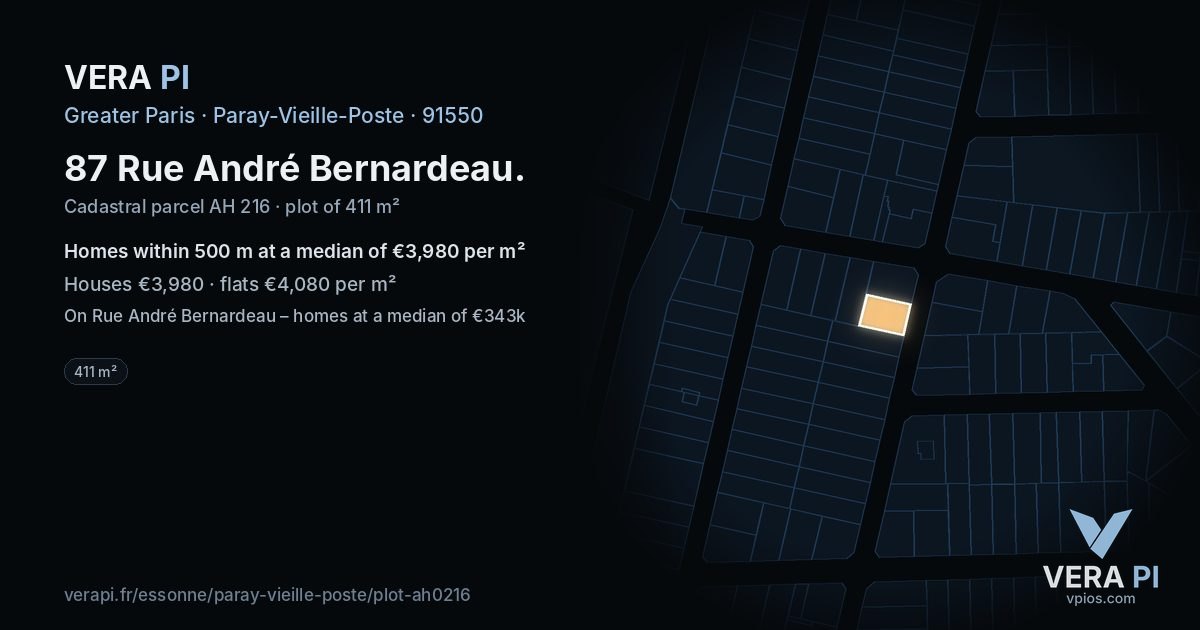 87 Rue André Bernardeau, Paray-Vieille-Poste at night – the plot lit, the parcels around coloured by the prices near them