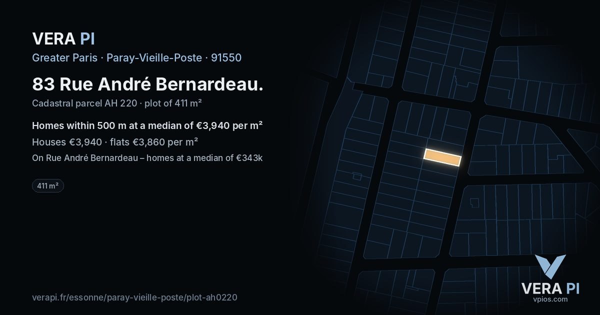 83 Rue André Bernardeau, Paray-Vieille-Poste at night – the plot lit, the parcels around coloured by the prices near them