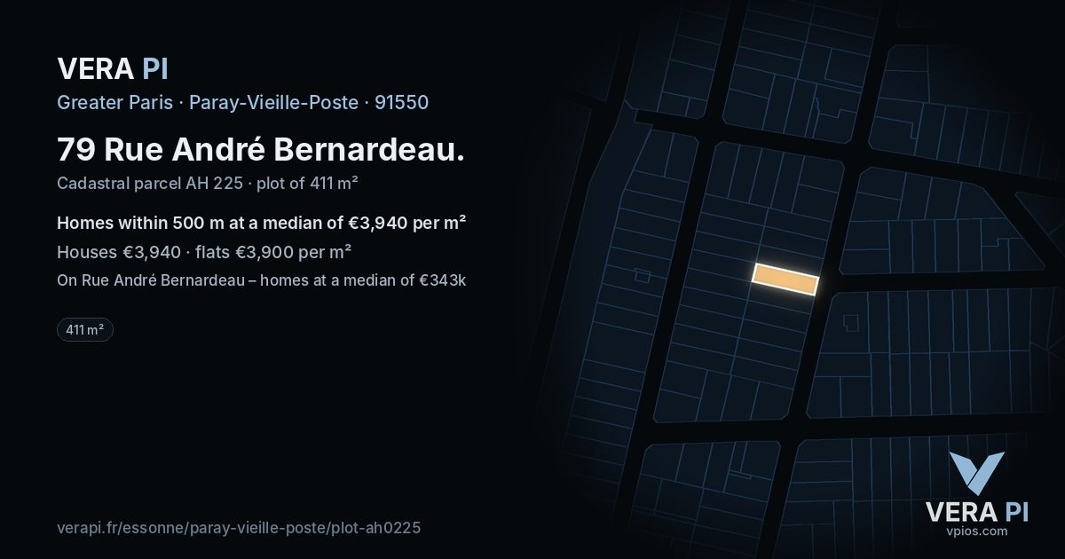 79 Rue André Bernardeau, Paray-Vieille-Poste at night – the plot lit, the parcels around coloured by the prices near them
