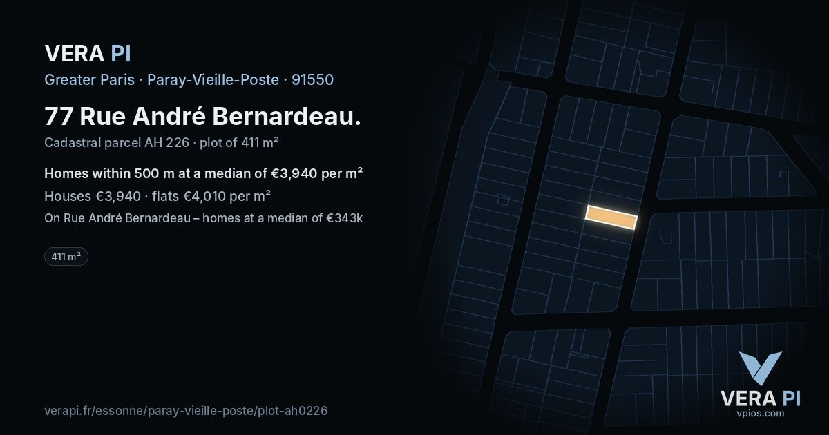 77 Rue André Bernardeau, Paray-Vieille-Poste at night – the plot lit, the parcels around coloured by the prices near them
