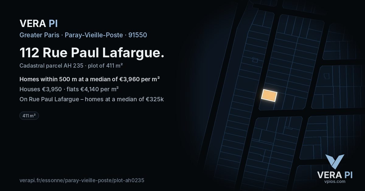 112 Rue Paul Lafargue, Paray-Vieille-Poste at night – the plot lit, the parcels around coloured by the prices near them