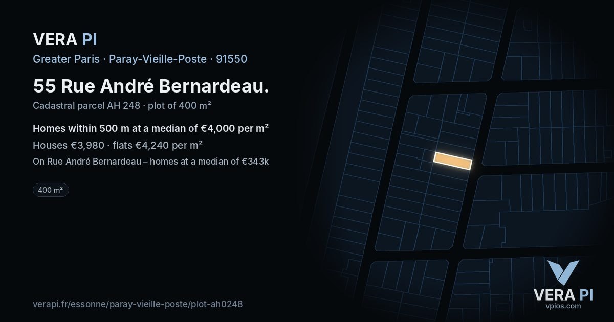 55 Rue André Bernardeau, Paray-Vieille-Poste at night – the plot lit, the parcels around coloured by the prices near them