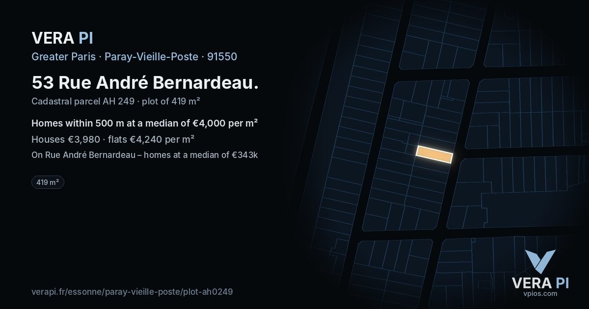 53 Rue André Bernardeau, Paray-Vieille-Poste at night – the plot lit, the parcels around coloured by the prices near them