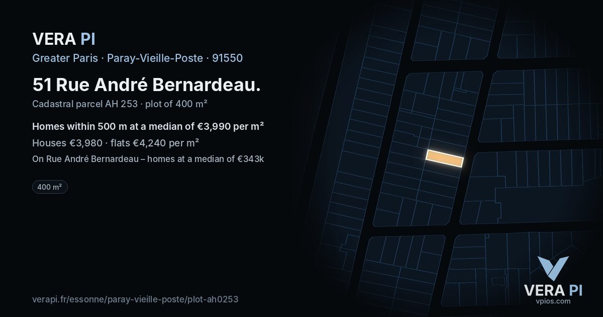 51 Rue André Bernardeau, Paray-Vieille-Poste at night – the plot lit, the parcels around coloured by the prices near them
