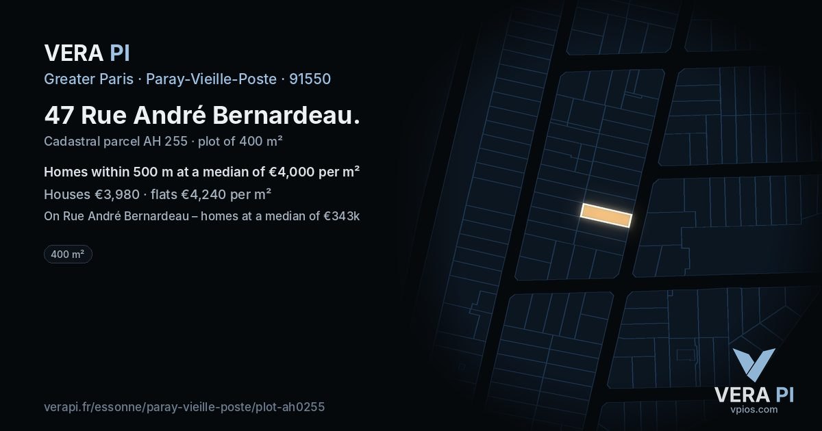 47 Rue André Bernardeau, Paray-Vieille-Poste at night – the plot lit, the parcels around coloured by the prices near them
