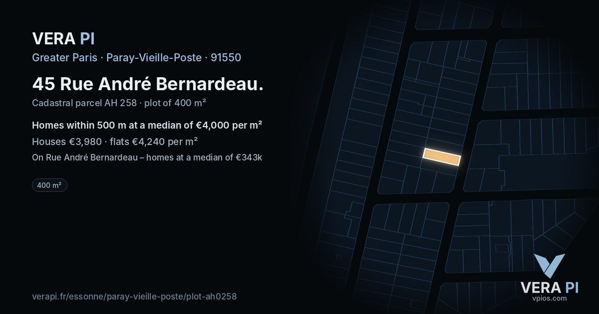 45 Rue André Bernardeau, Paray-Vieille-Poste at night – the plot lit, the parcels around coloured by the prices near them