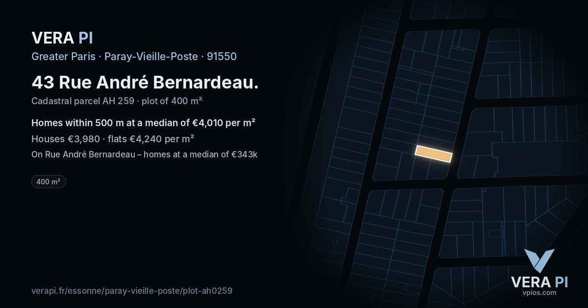 43 Rue André Bernardeau, Paray-Vieille-Poste at night – the plot lit, the parcels around coloured by the prices near them