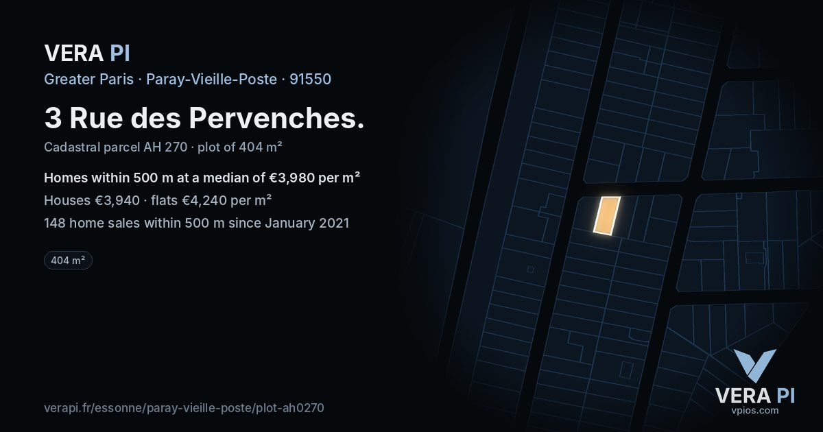 3 Rue des Pervenches, Paray-Vieille-Poste at night – the plot lit, the parcels around coloured by the prices near them