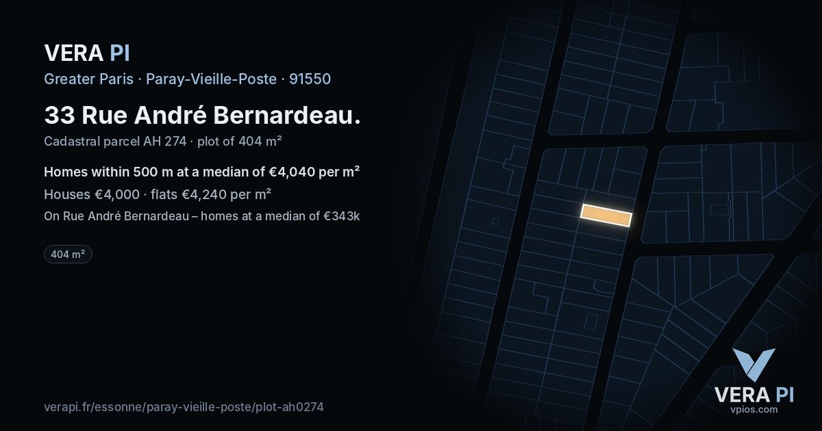 33 Rue André Bernardeau, Paray-Vieille-Poste at night – the plot lit, the parcels around coloured by the prices near them