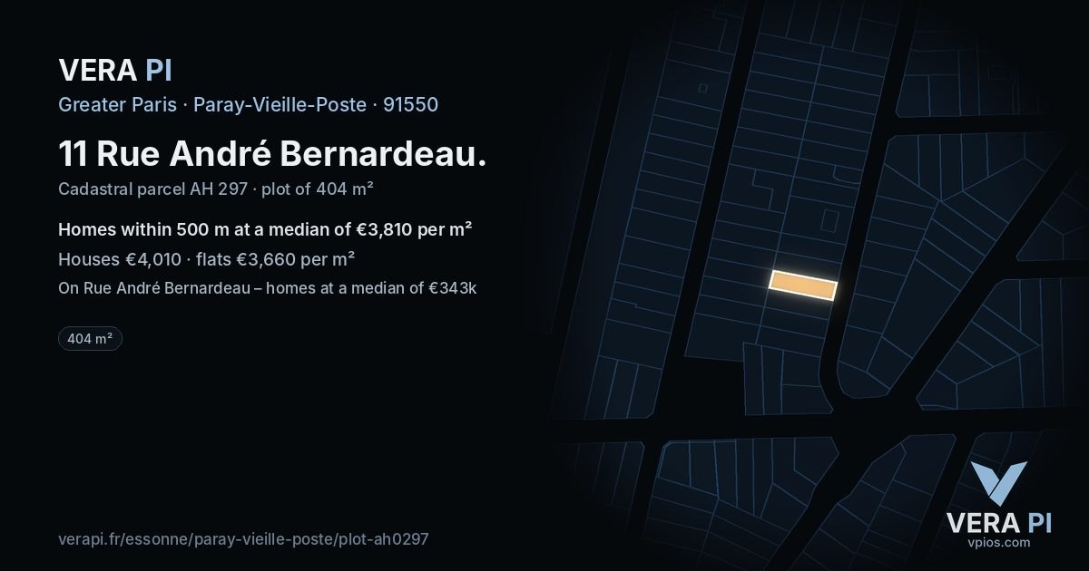 11 Rue André Bernardeau, Paray-Vieille-Poste at night – the plot lit, the parcels around coloured by the prices near them