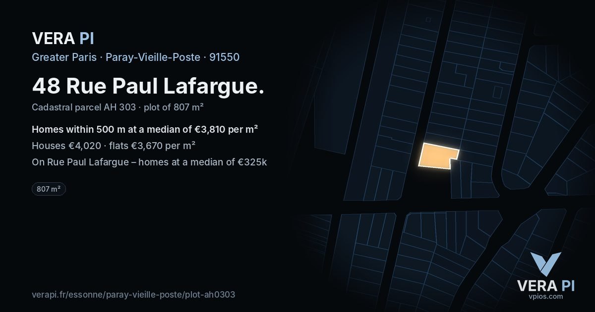 48 Rue Paul Lafargue, Paray-Vieille-Poste at night – the plot lit, the parcels around coloured by the prices near them
