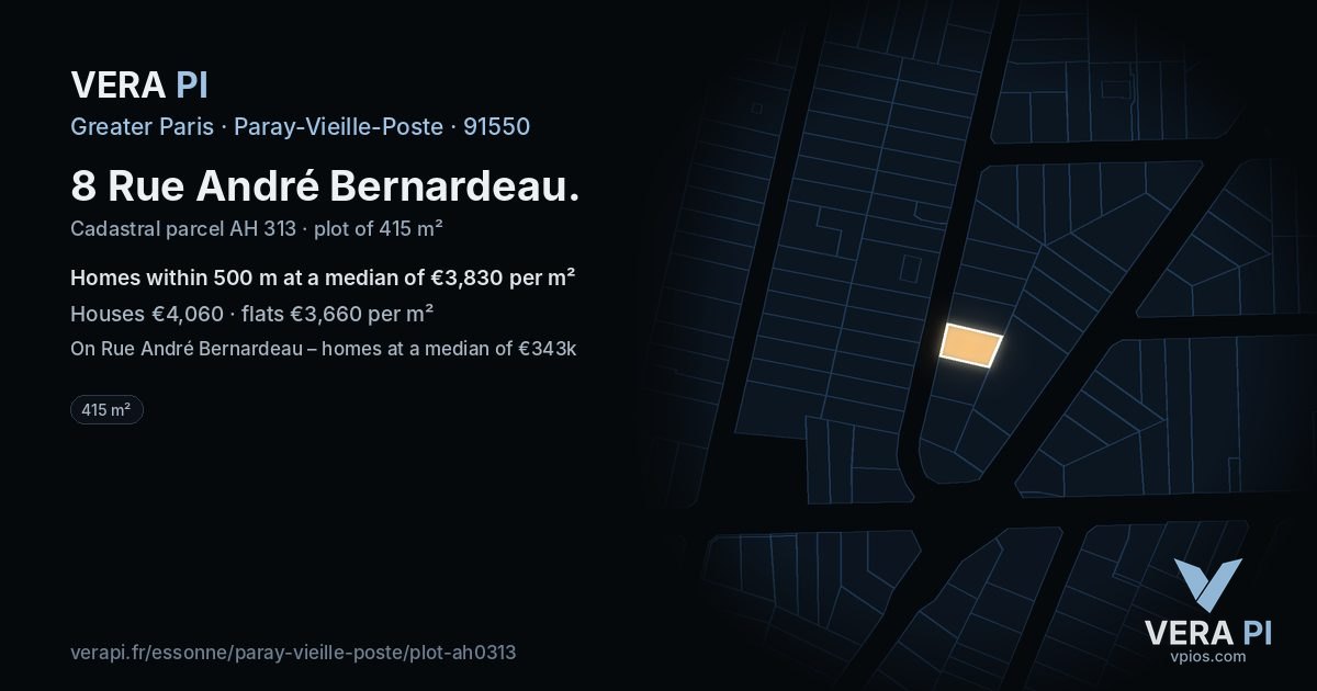 8 Rue André Bernardeau, Paray-Vieille-Poste at night – the plot lit, the parcels around coloured by the prices near them
