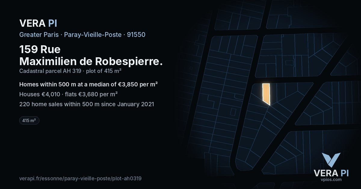 159 Rue Maximilien de Robespierre, Paray-Vieille-Poste at night – the plot lit, the parcels around coloured by the prices near them