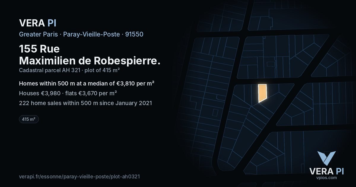 155 Rue Maximilien de Robespierre, Paray-Vieille-Poste at night – the plot lit, the parcels around coloured by the prices near them