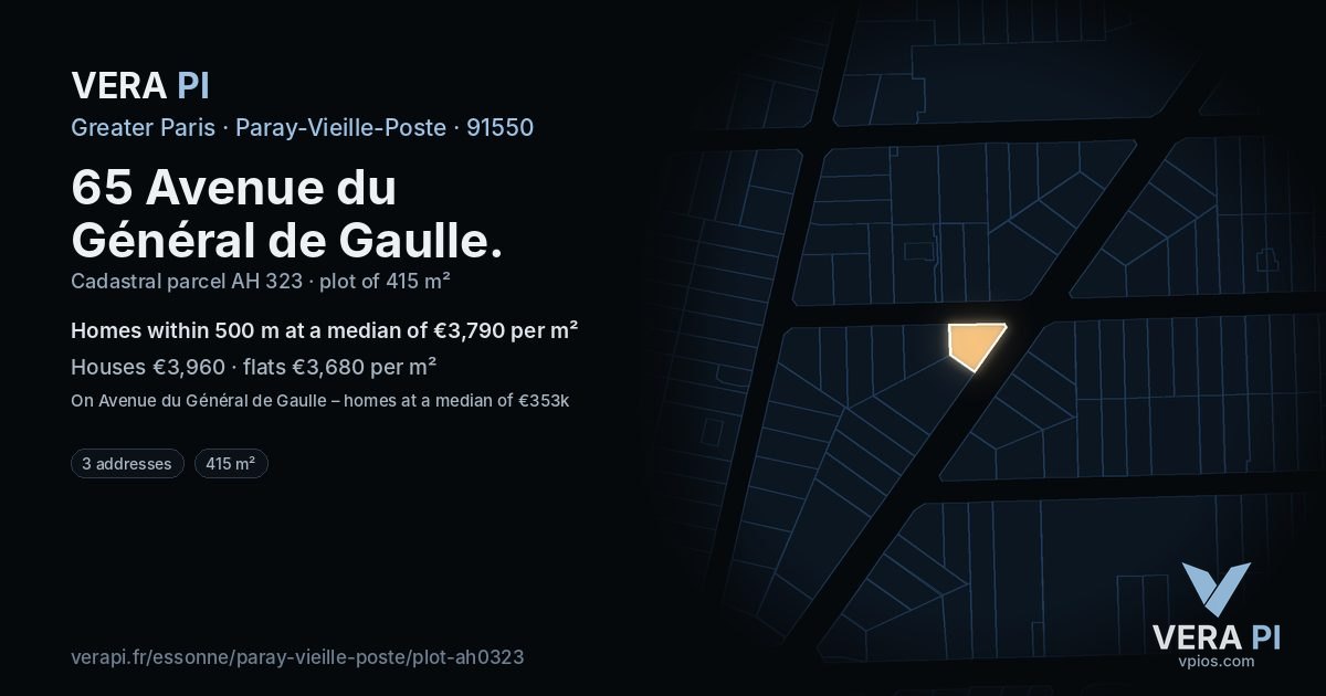 65 Avenue du Général de Gaulle, Paray-Vieille-Poste at night – the plot lit, the parcels around coloured by the prices near them