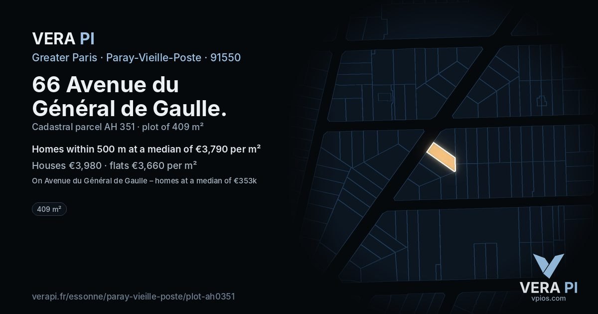 66 Avenue du Général de Gaulle, Paray-Vieille-Poste at night – the plot lit, the parcels around coloured by the prices near them
