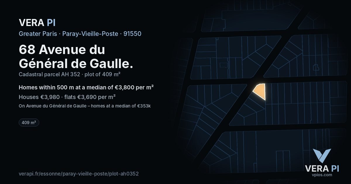 68 Avenue du Général de Gaulle, Paray-Vieille-Poste at night – the plot lit, the parcels around coloured by the prices near them