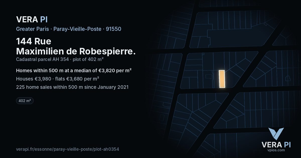 144 Rue Maximilien de Robespierre, Paray-Vieille-Poste at night – the plot lit, the parcels around coloured by the prices near them