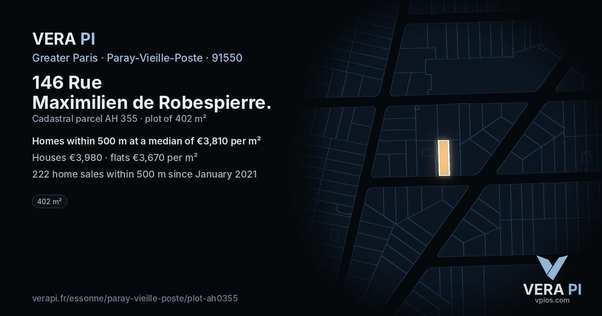 146 Rue Maximilien de Robespierre, Paray-Vieille-Poste at night – the plot lit, the parcels around coloured by the prices near them
