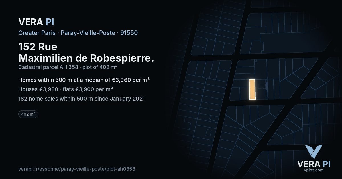 152 Rue Maximilien de Robespierre, Paray-Vieille-Poste at night – the plot lit, the parcels around coloured by the prices near them