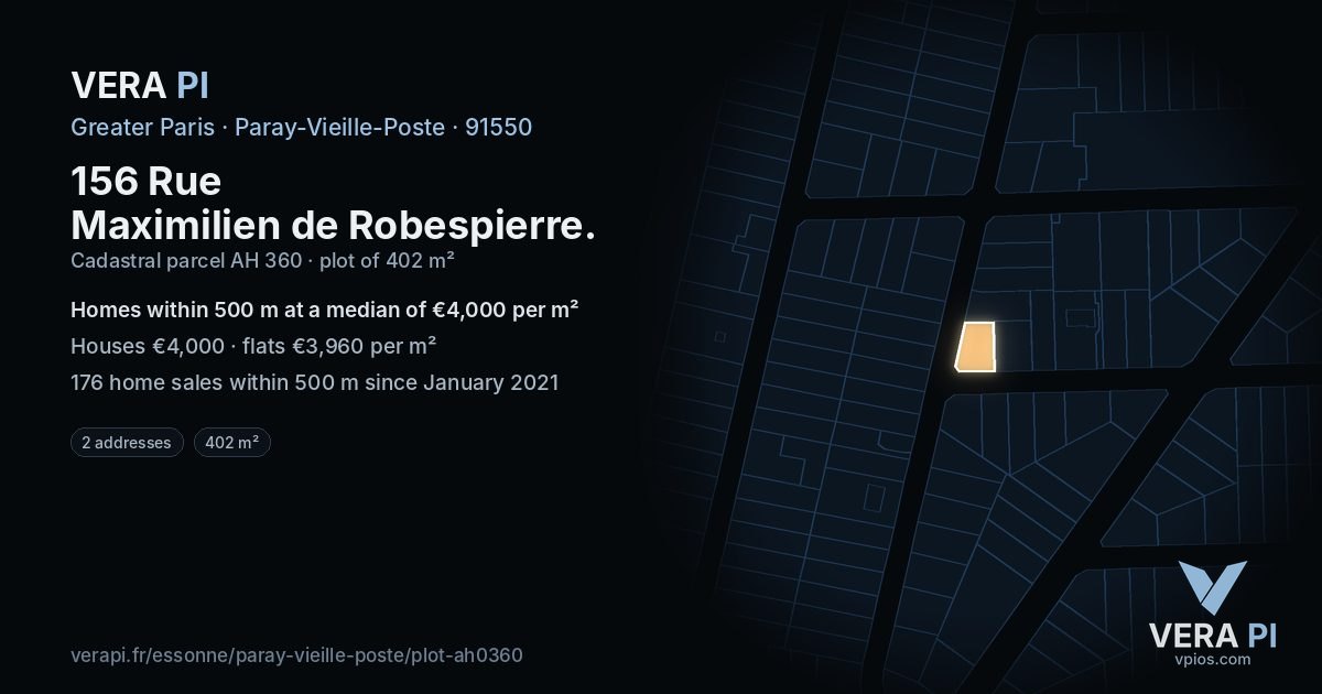 156 Rue Maximilien de Robespierre, Paray-Vieille-Poste at night – the plot lit, the parcels around coloured by the prices near them
