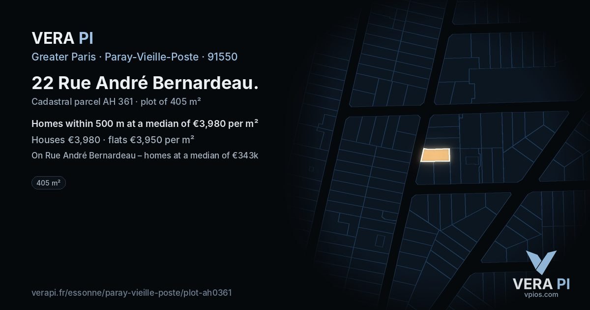 22 Rue André Bernardeau, Paray-Vieille-Poste at night – the plot lit, the parcels around coloured by the prices near them