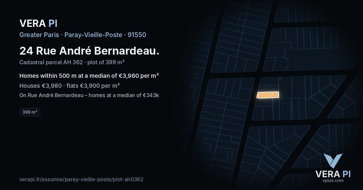 24 Rue André Bernardeau, Paray-Vieille-Poste at night – the plot lit, the parcels around coloured by the prices near them