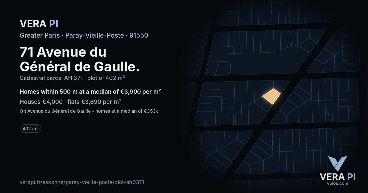 71 Avenue du Général de Gaulle, Paray-Vieille-Poste at night – the plot lit, the parcels around coloured by the prices near them