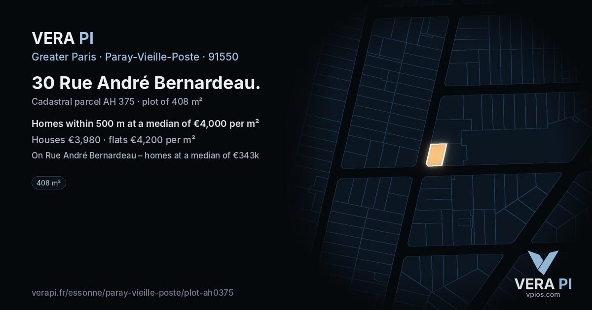 30 Rue André Bernardeau, Paray-Vieille-Poste at night – the plot lit, the parcels around coloured by the prices near them