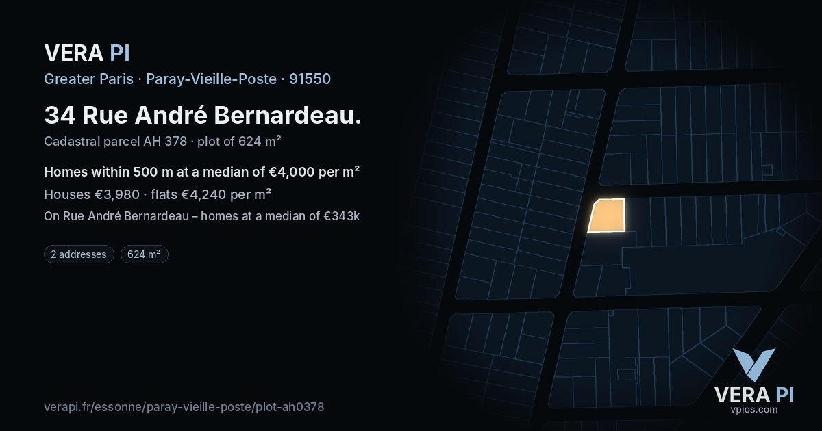 34 Rue André Bernardeau, Paray-Vieille-Poste at night – the plot lit, the parcels around coloured by the prices near them