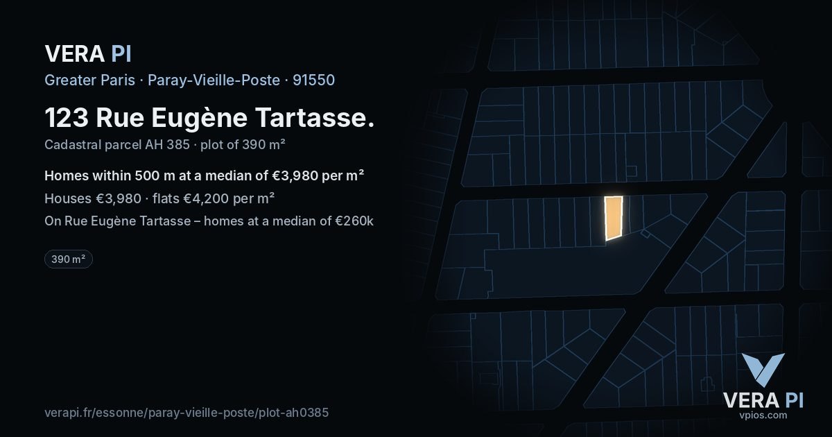 123 Rue Eugène Tartasse, Paray-Vieille-Poste at night – the plot lit, the parcels around coloured by the prices near them