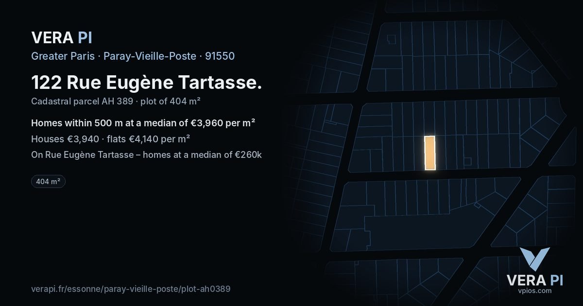 122 Rue Eugène Tartasse, Paray-Vieille-Poste at night – the plot lit, the parcels around coloured by the prices near them