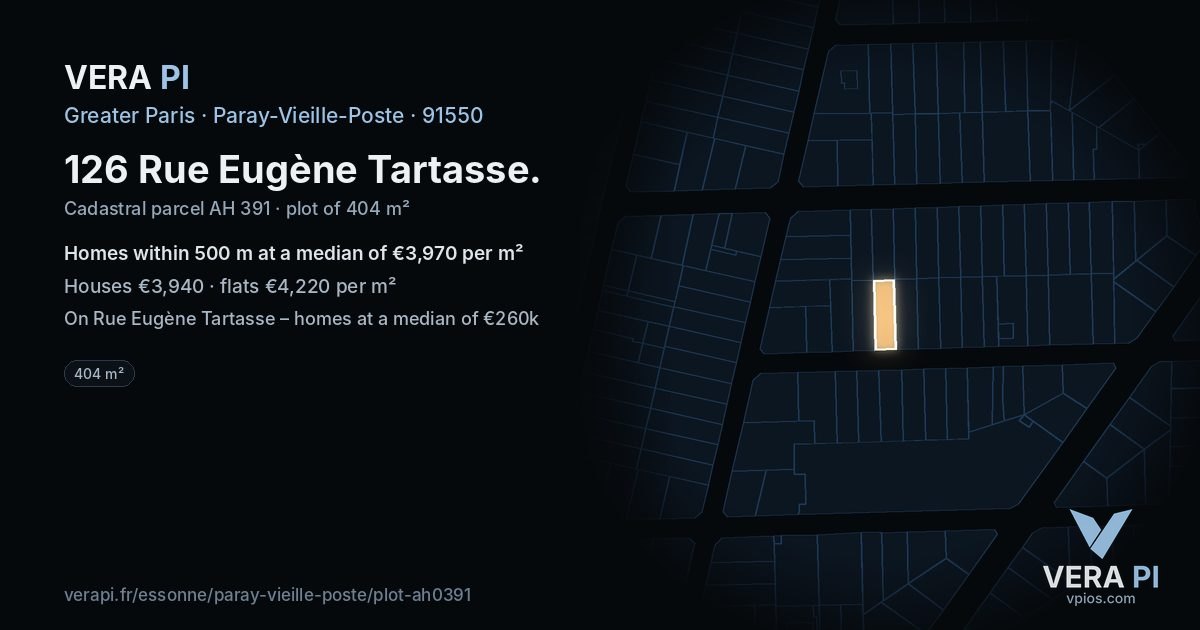 126 Rue Eugène Tartasse, Paray-Vieille-Poste at night – the plot lit, the parcels around coloured by the prices near them
