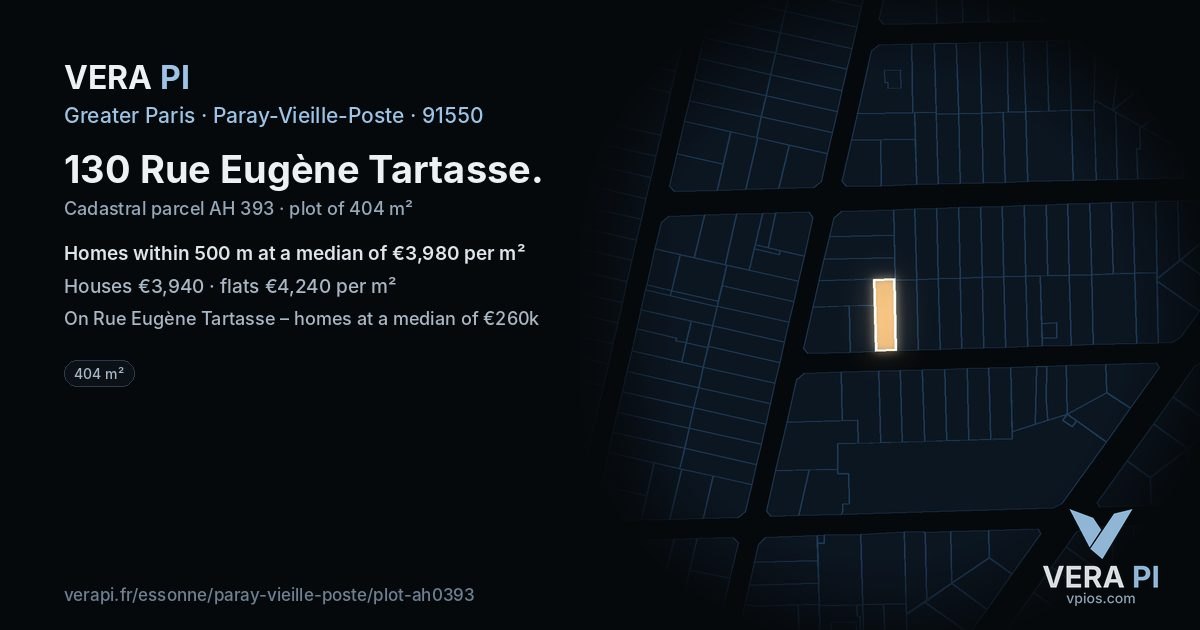130 Rue Eugène Tartasse, Paray-Vieille-Poste at night – the plot lit, the parcels around coloured by the prices near them
