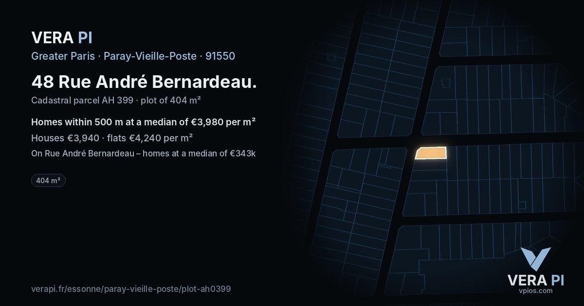 48 Rue André Bernardeau, Paray-Vieille-Poste at night – the plot lit, the parcels around coloured by the prices near them