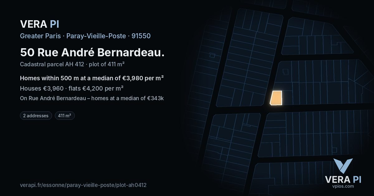 50 Rue André Bernardeau, Paray-Vieille-Poste at night – the plot lit, the parcels around coloured by the prices near them