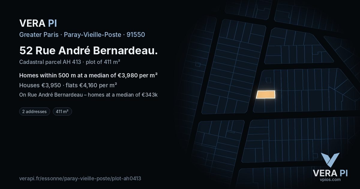 52 Rue André Bernardeau, Paray-Vieille-Poste at night – the plot lit, the parcels around coloured by the prices near them