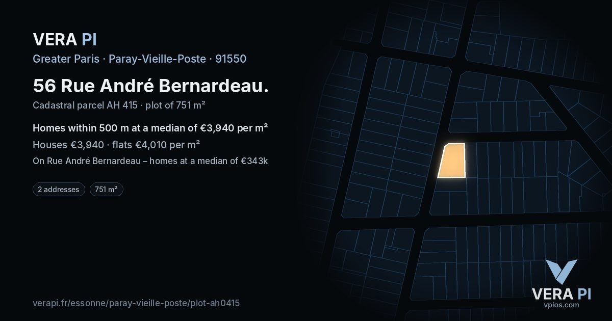 56 Rue André Bernardeau, Paray-Vieille-Poste at night – the plot lit, the parcels around coloured by the prices near them