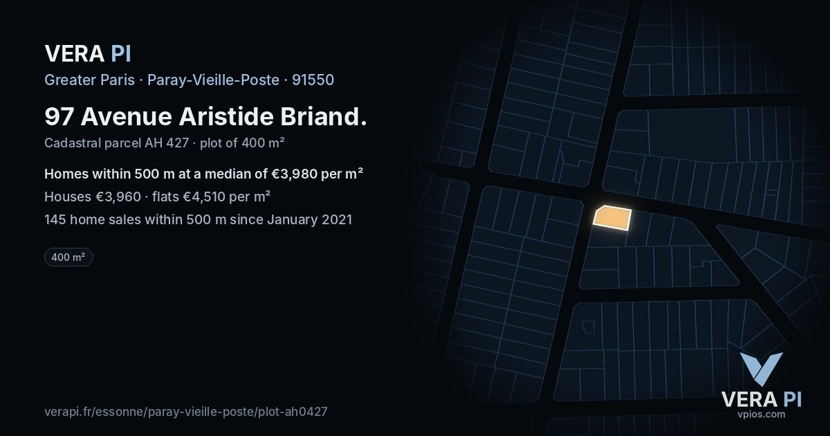 97 Avenue Aristide Briand, Paray-Vieille-Poste at night – the plot lit, the parcels around coloured by the prices near them