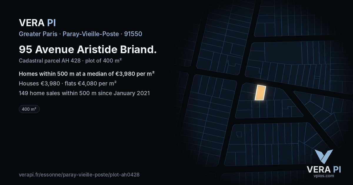95 Avenue Aristide Briand, Paray-Vieille-Poste at night – the plot lit, the parcels around coloured by the prices near them