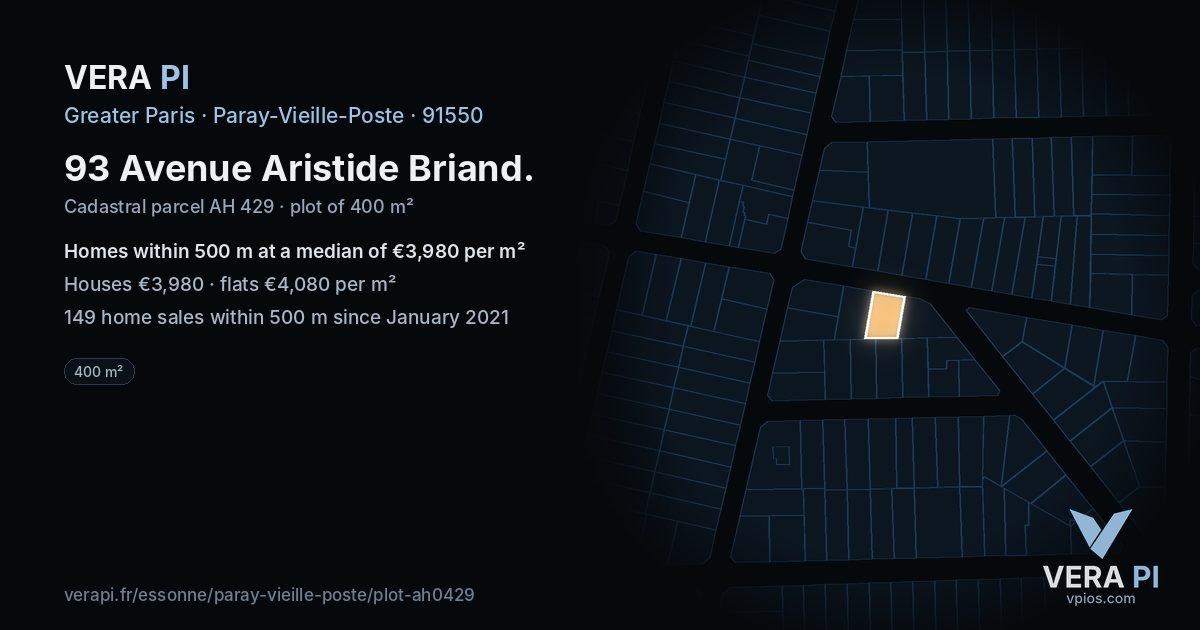 93 Avenue Aristide Briand, Paray-Vieille-Poste at night – the plot lit, the parcels around coloured by the prices near them