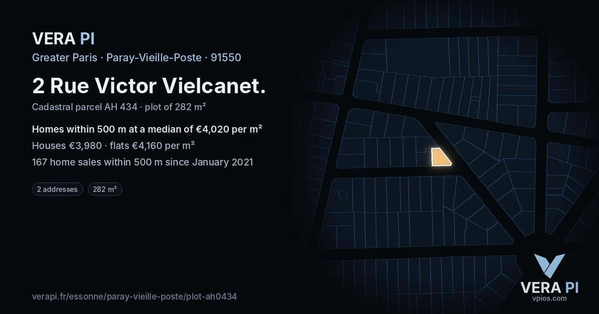 2 Rue Victor Vielcanet, Paray-Vieille-Poste at night – the plot lit, the parcels around coloured by the prices near them