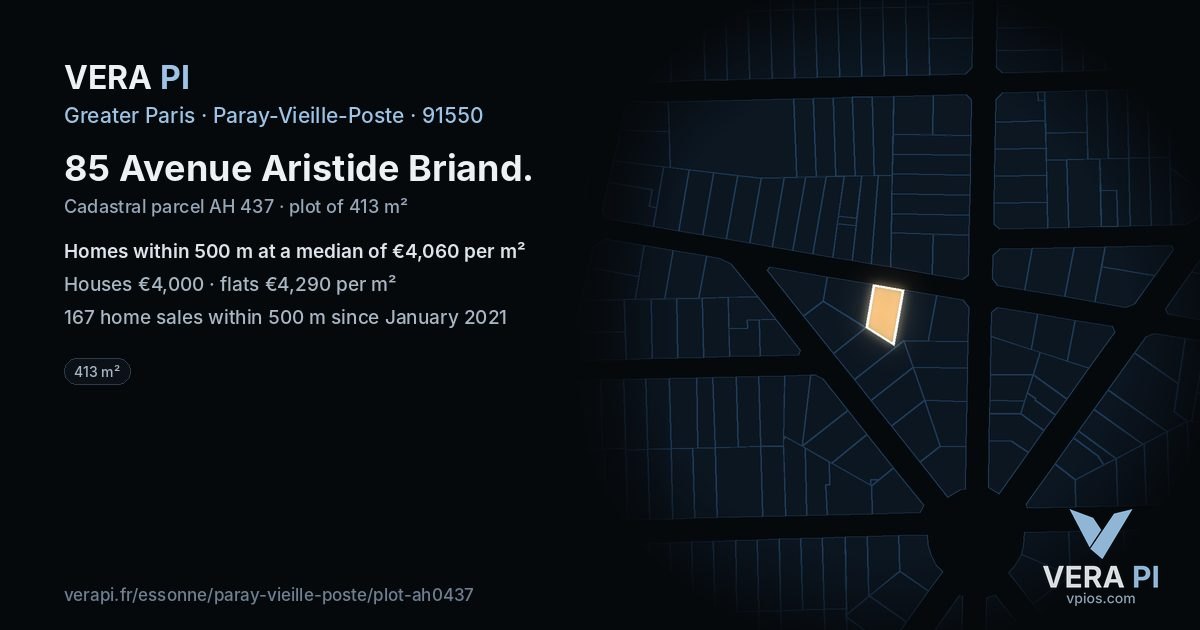 85 Avenue Aristide Briand, Paray-Vieille-Poste at night – the plot lit, the parcels around coloured by the prices near them